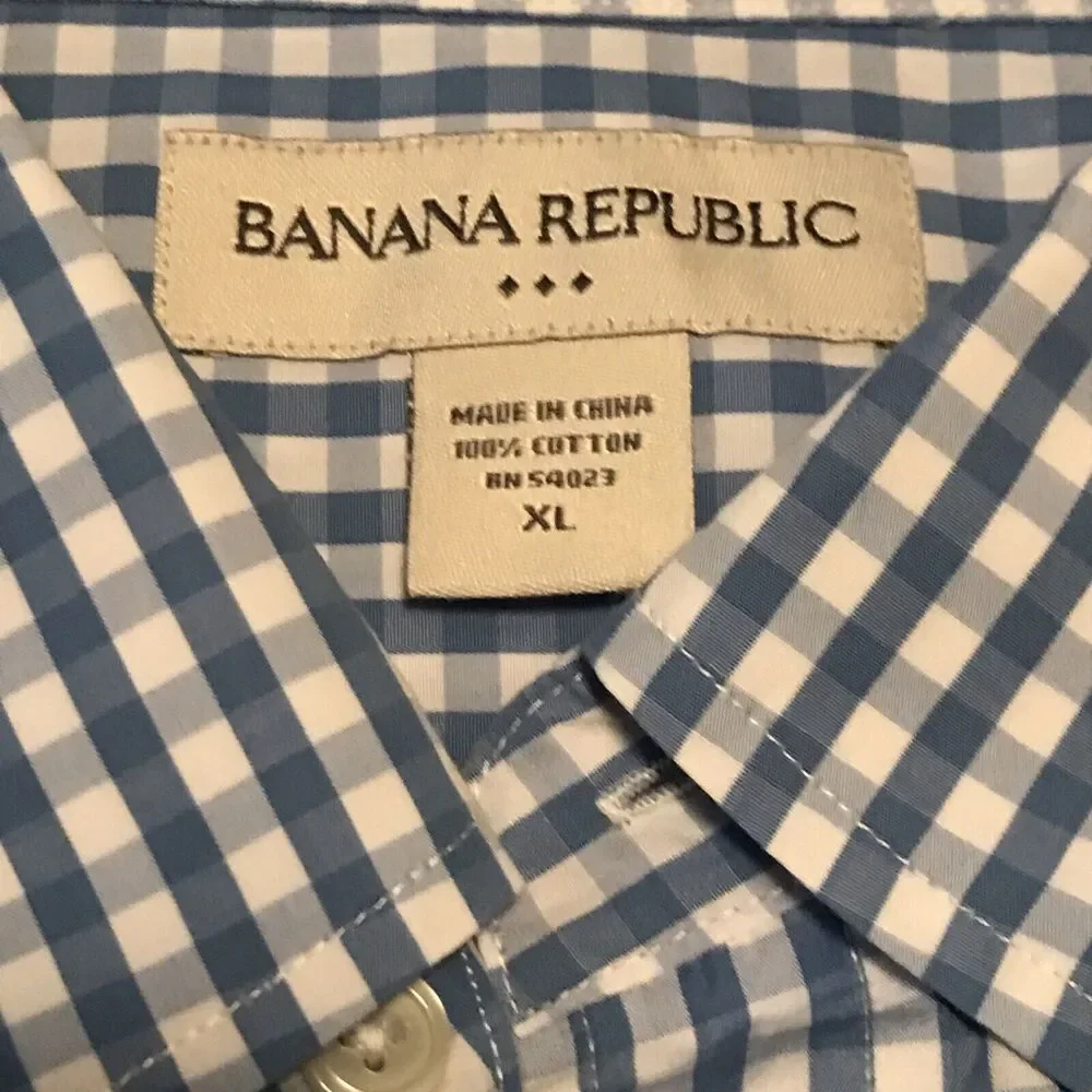 Banana Republic Button Front Shirt Mens XL Blue White Check 100% Cotton EUC